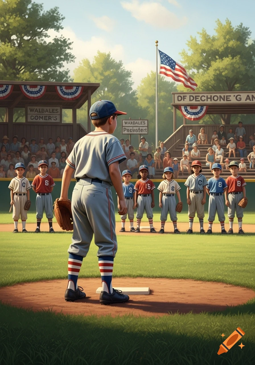 A boy in a baseball uniform stands on a pitcher's mound, facing a line of young players in a 1960s-style little league game.