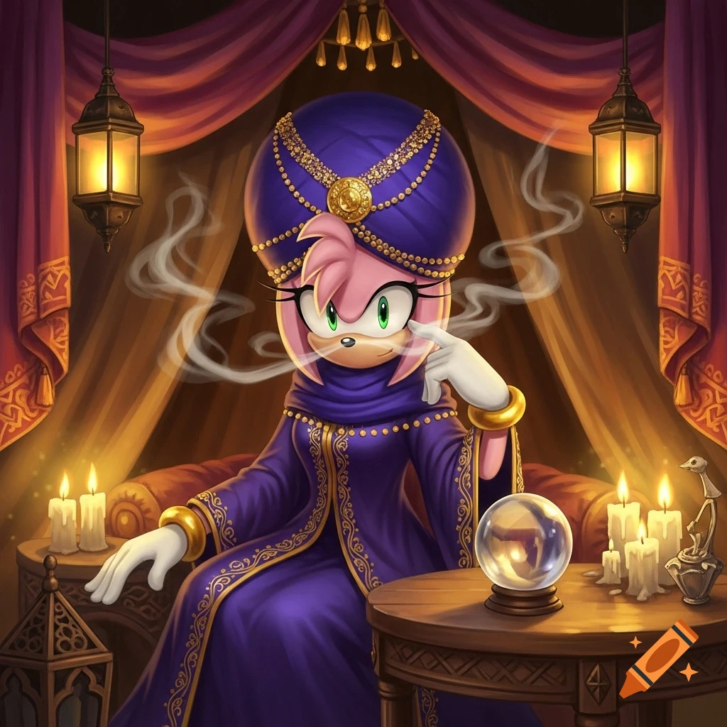 Amy Rose as a fortune teller in a purple turban and robe, sitting in a mystical tent with a crystal ball and lit candles.