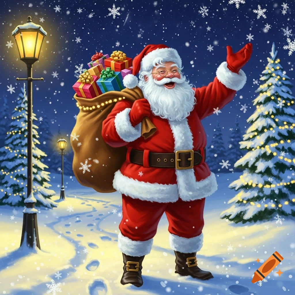 Santa Claus carrying a sack of presents in a snowy winter wonderland with illuminated lampposts and Christmas trees.