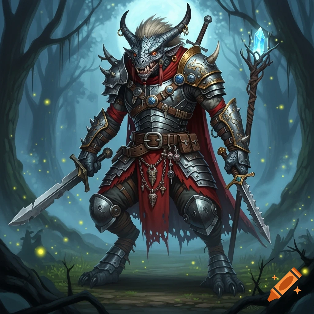 A dragonborn warrior in ornate battle armor, holding two swords and a glowing crystal staff, stands in a mystical, dark forest.