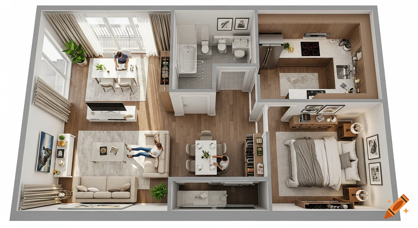 3D bird's eye view of a modern apartment floor plan, showcasing fully furnished living spaces, kitchen, bedroom, and bathroom, with two residents.