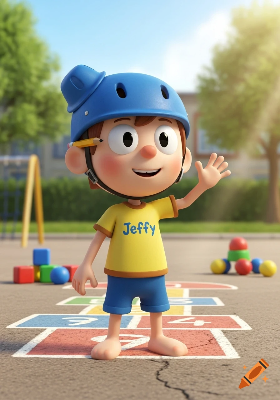3D animated child character "Jeffy" in a blue helmet and yellow shirt, waving in a sunny playground with toys and hopscotch.