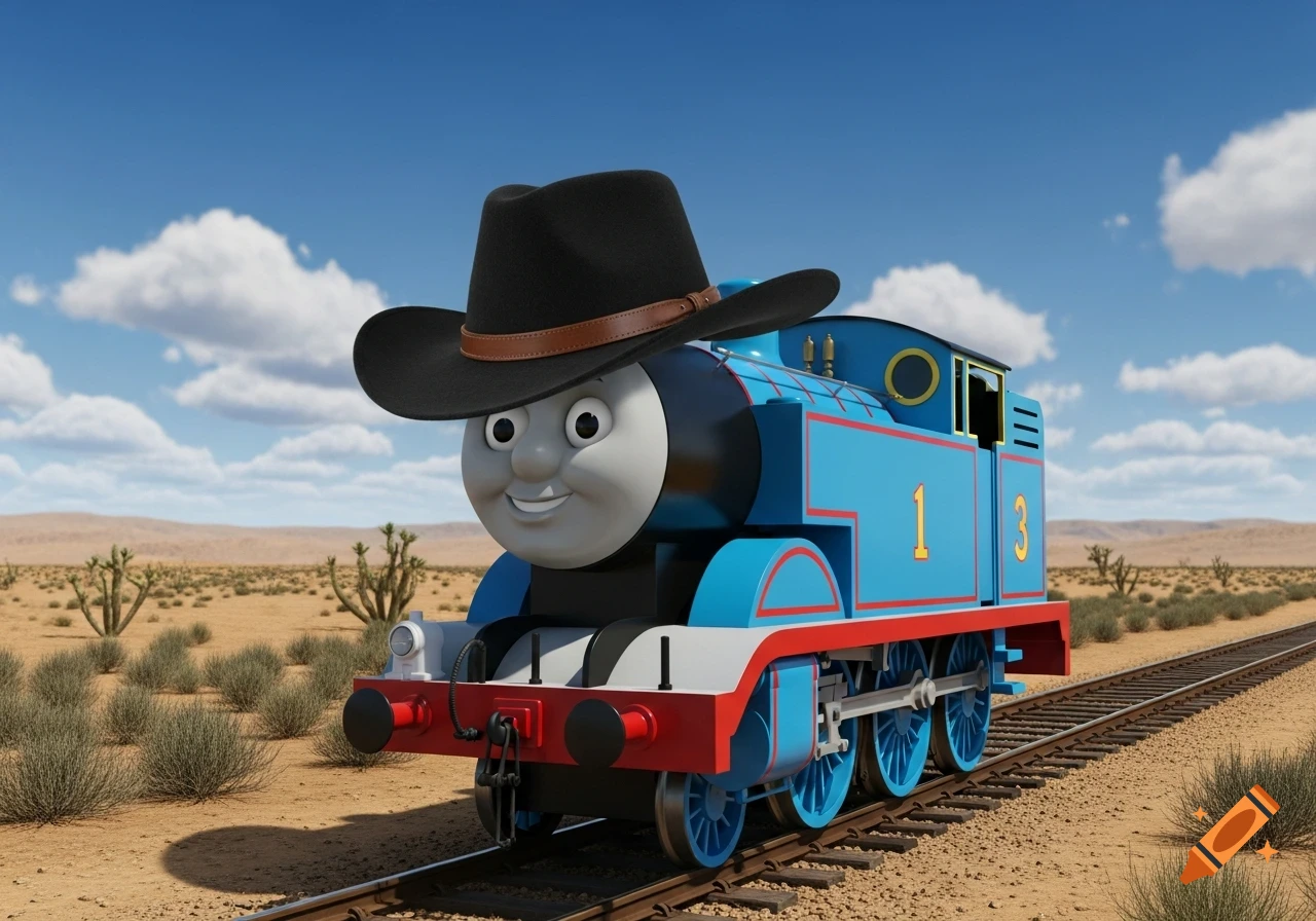 Thomas the Tank Engine wearing a large black cowboy hat in a vast desert landscape under a blue sky.