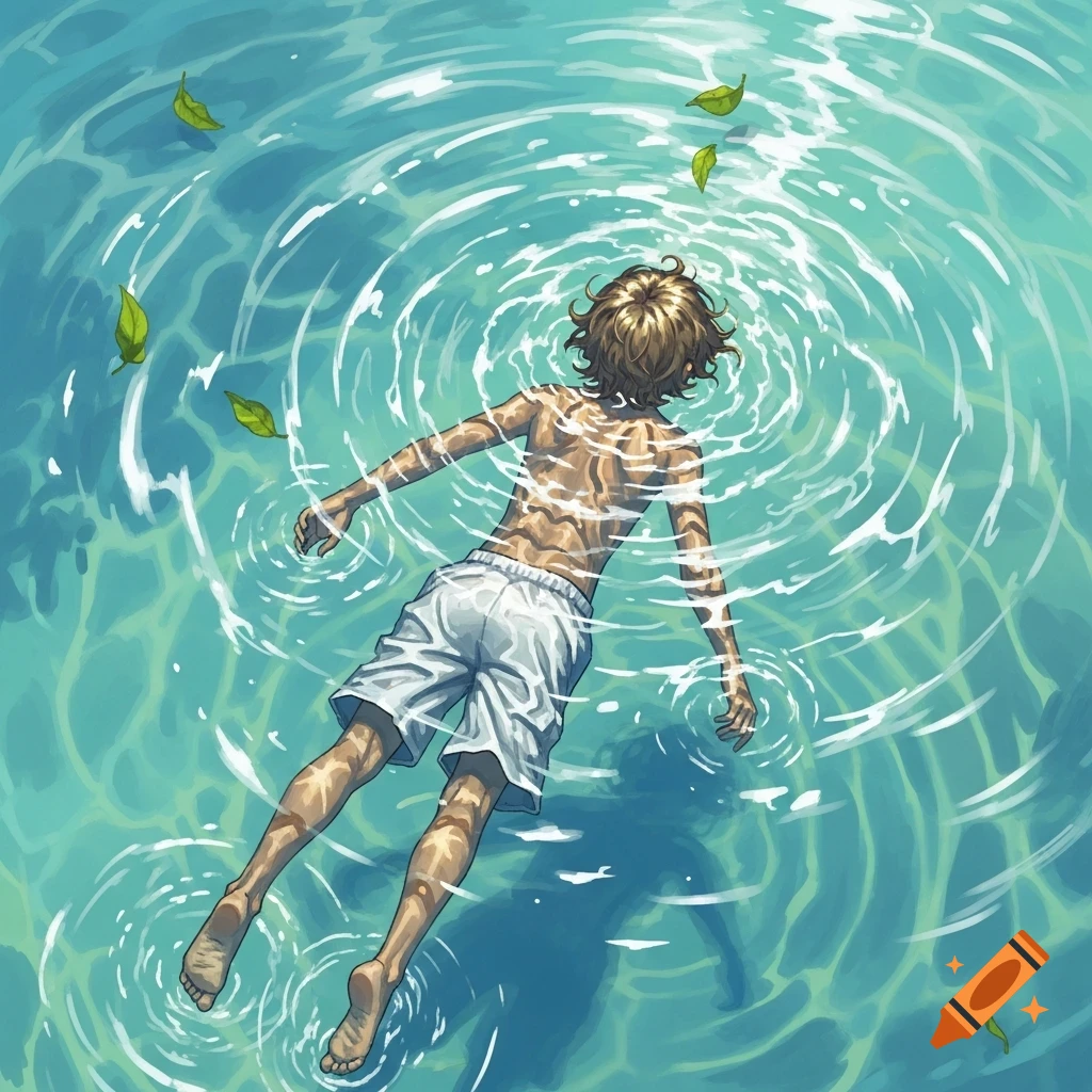 An overhead view of a boy with brown hair in white shorts floating on his back in clear blue-green water with ripples and green leaves.