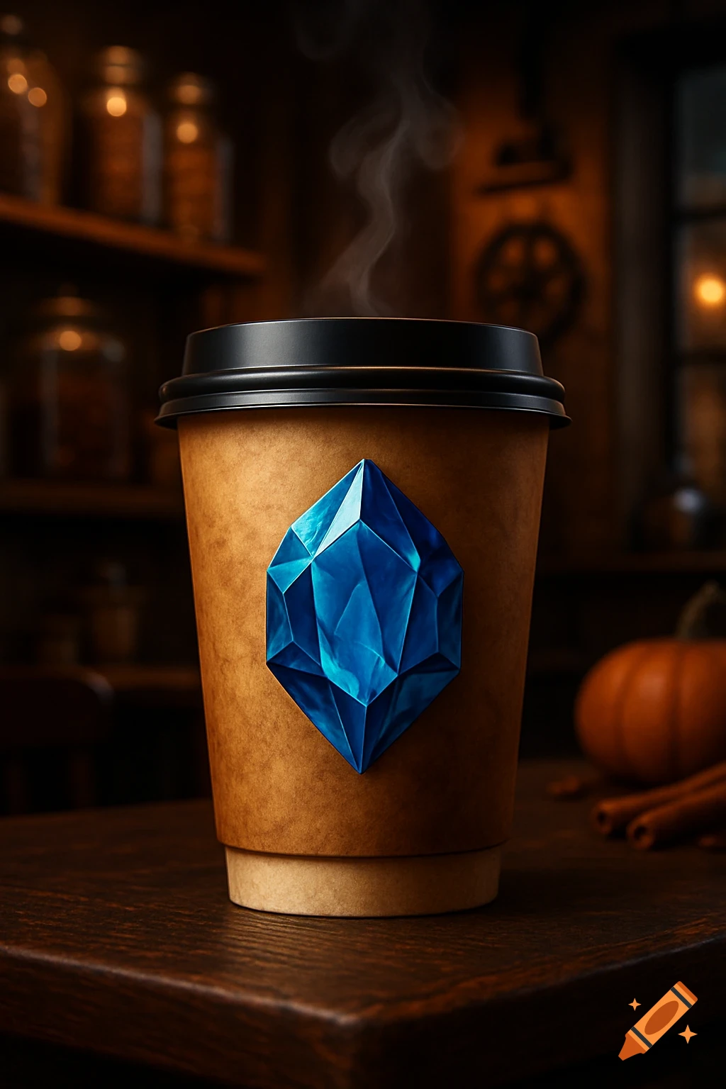 A steaming to-go coffee cup with a shimmering blue crystal logo sits on a wooden table, with a pumpkin and cinnamon in the warm background.