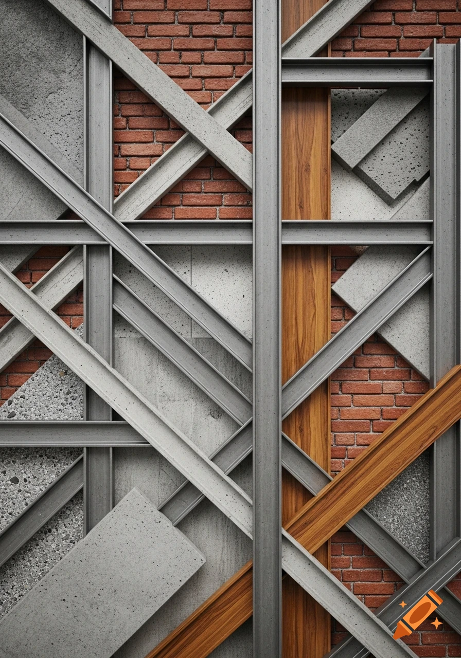 A close-up, photorealistic abstract collage of interlocking steel beams, concrete slabs, red bricks, and wooden panels.
