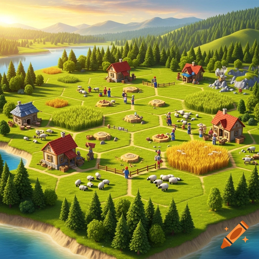 Vibrant isometric board game-style landscape with a village, hexagonal fields, sheep, people, houses, lakes, and mountains.