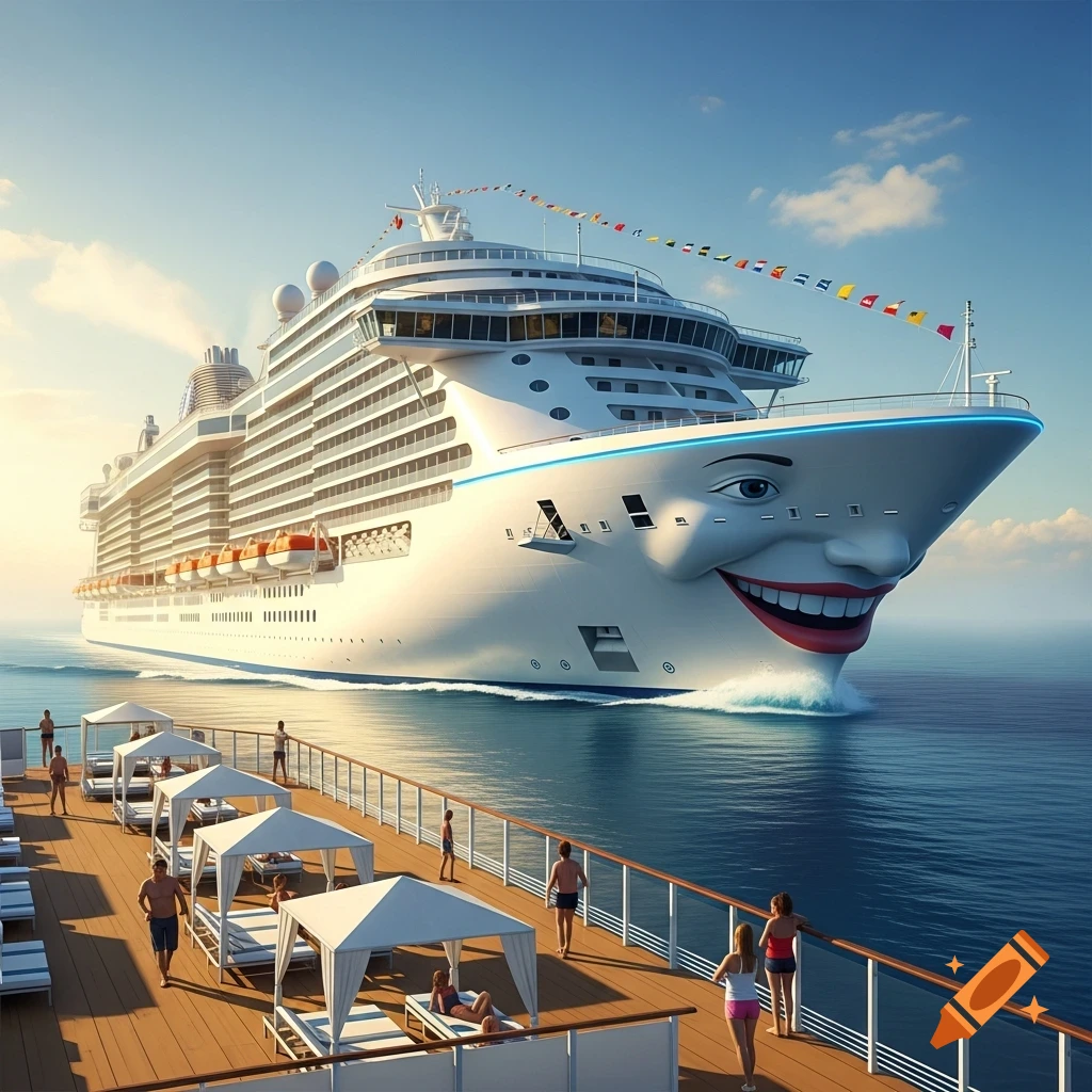 A large white cruise ship with a cartoonish smiling face on its bow sails on a sunny ocean next to a deck with lounging people.