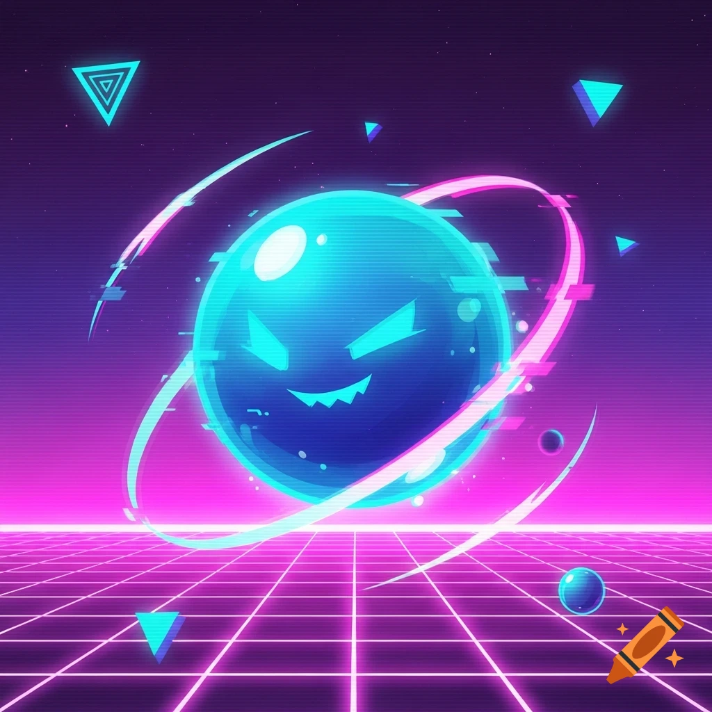 A mischievous glowing blue orb with glitch effects floats over a neon pink grid in a retro-futuristic vaporwave landscape.