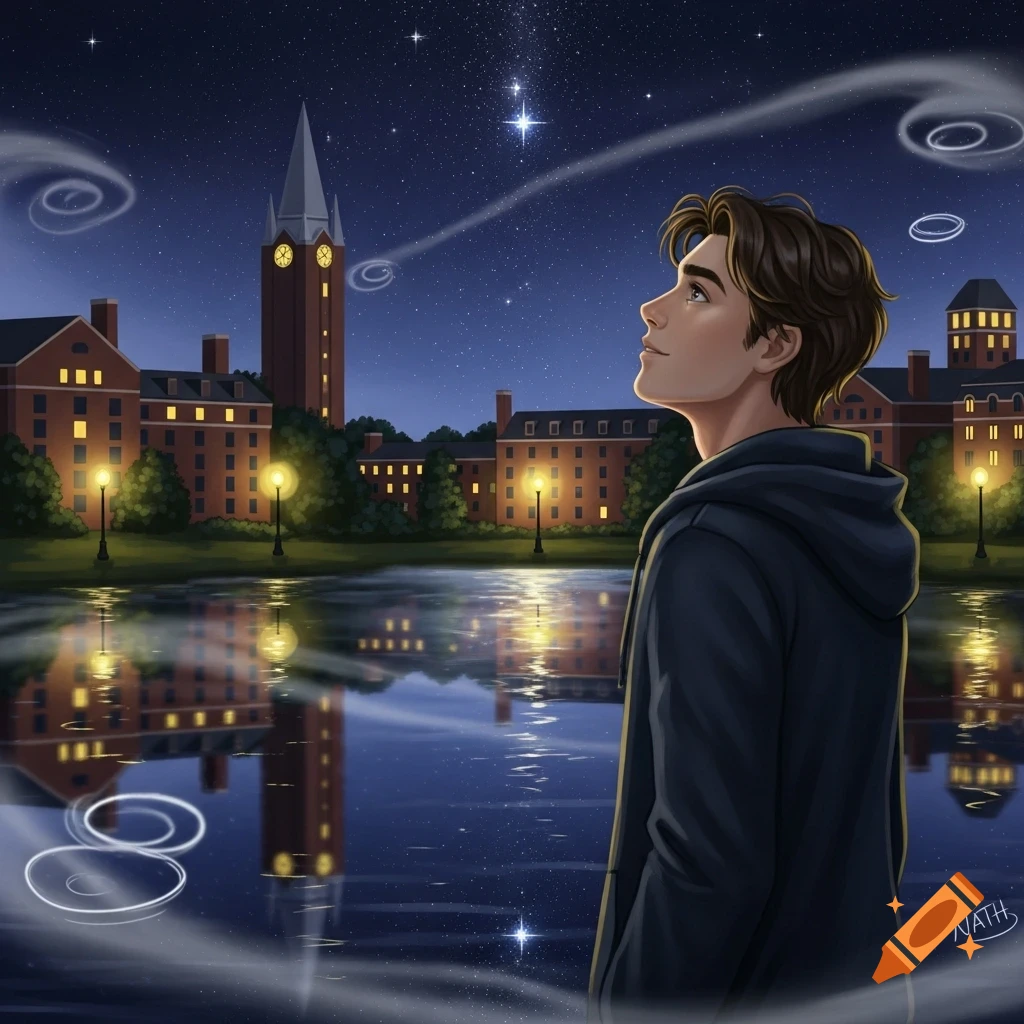 Anime-style illustration of a young man gazing at stars over a university campus lake at night.