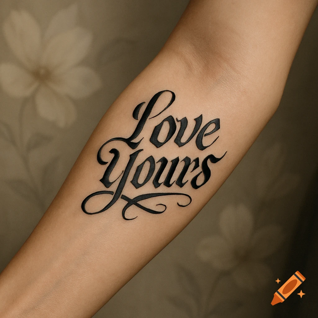 A stylized 'Love Yours' tattoo in black ink on a person's inner forearm.
