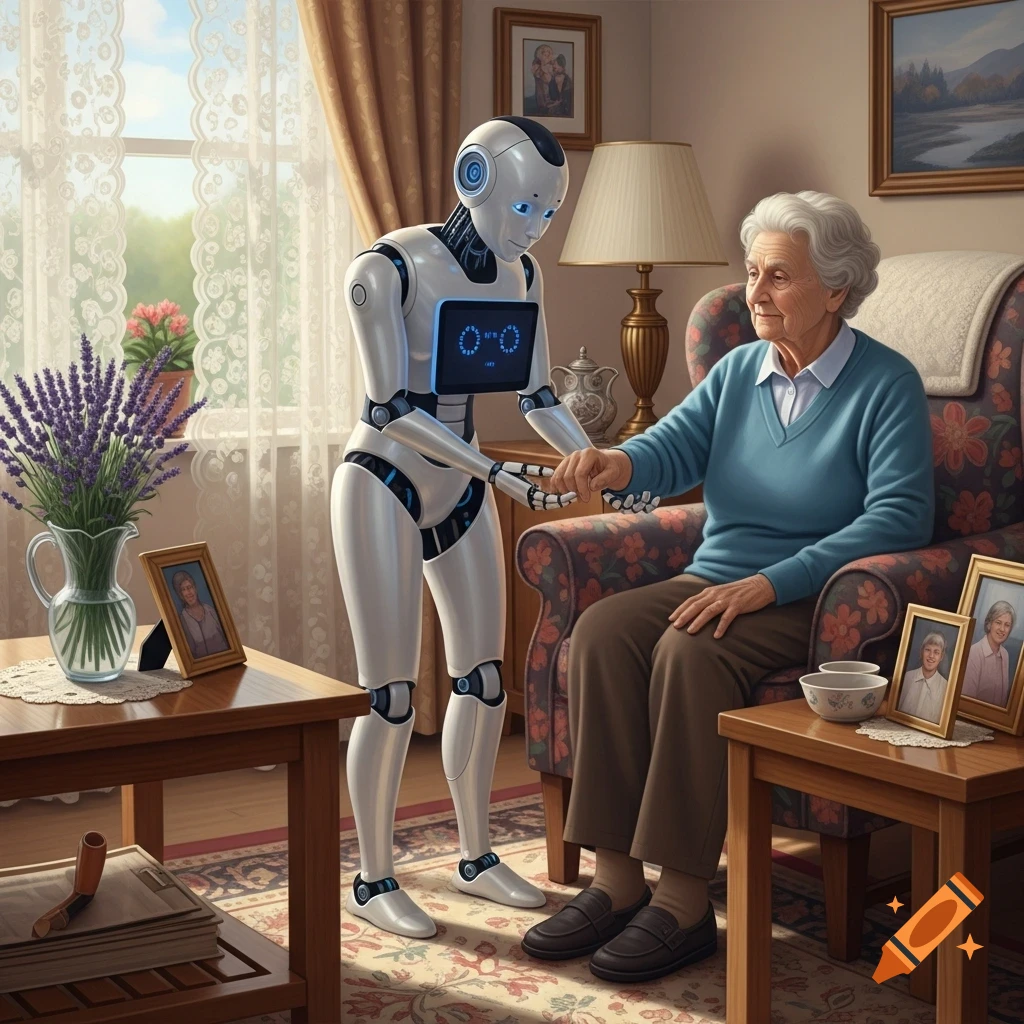 A humanoid robot helps an elderly woman seated in an armchair in a cozy living room.