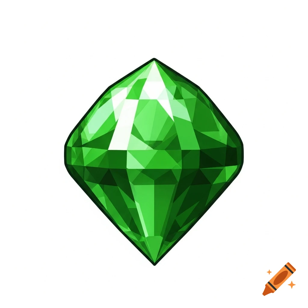 A stylized, faceted green gem with sharp edges, reminiscent of a Sonic Chaos Emerald, isolated on a pure white background.