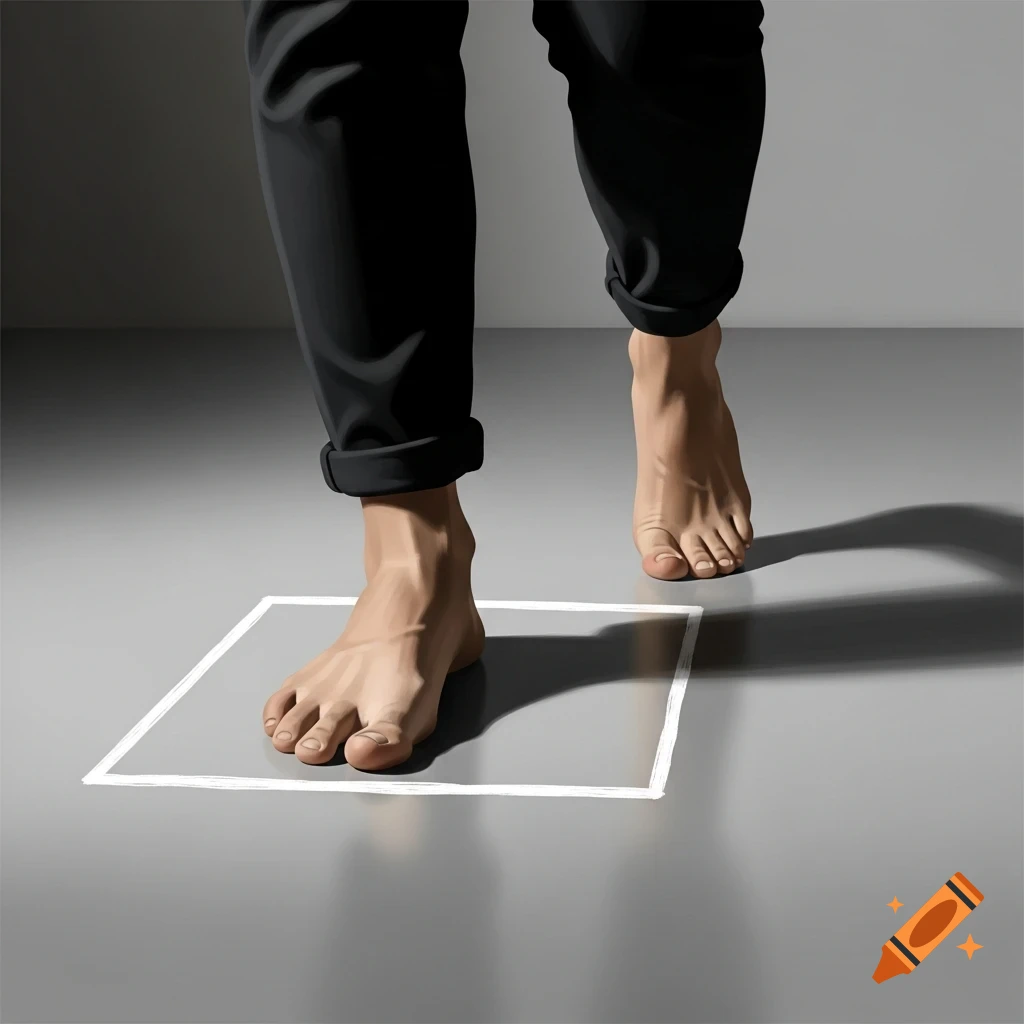 Close-up of two feet, one in a white square, one stepping out, on a gray floor in a minimalist artistic style.
