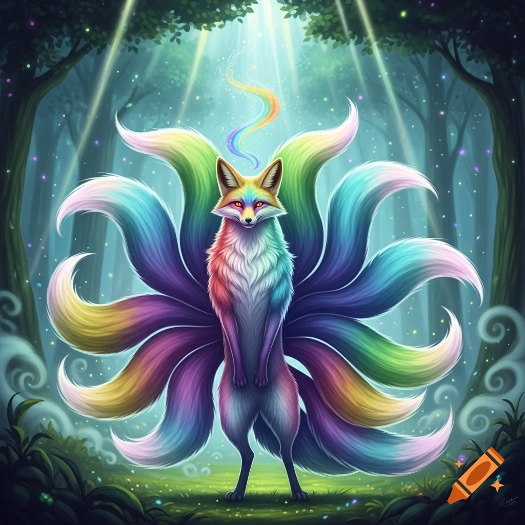 A bipedal fox with nine vibrant rainbow-colored tails stands in a mystical forest with light rays shining through the trees.