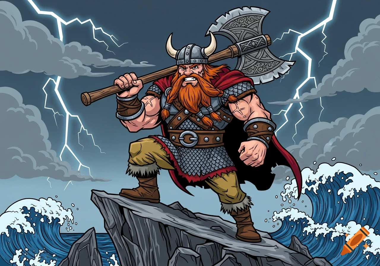 Cartoon Viking warrior with red beard and horned helmet, holding a large axe, stands on rocks in a stormy sea with lightning.