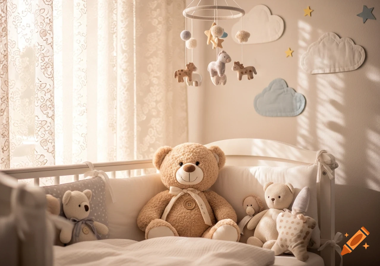 A cozy baby nursery with a crib containing teddy bears, stuffed animals, and a hanging mobile, next to a window.