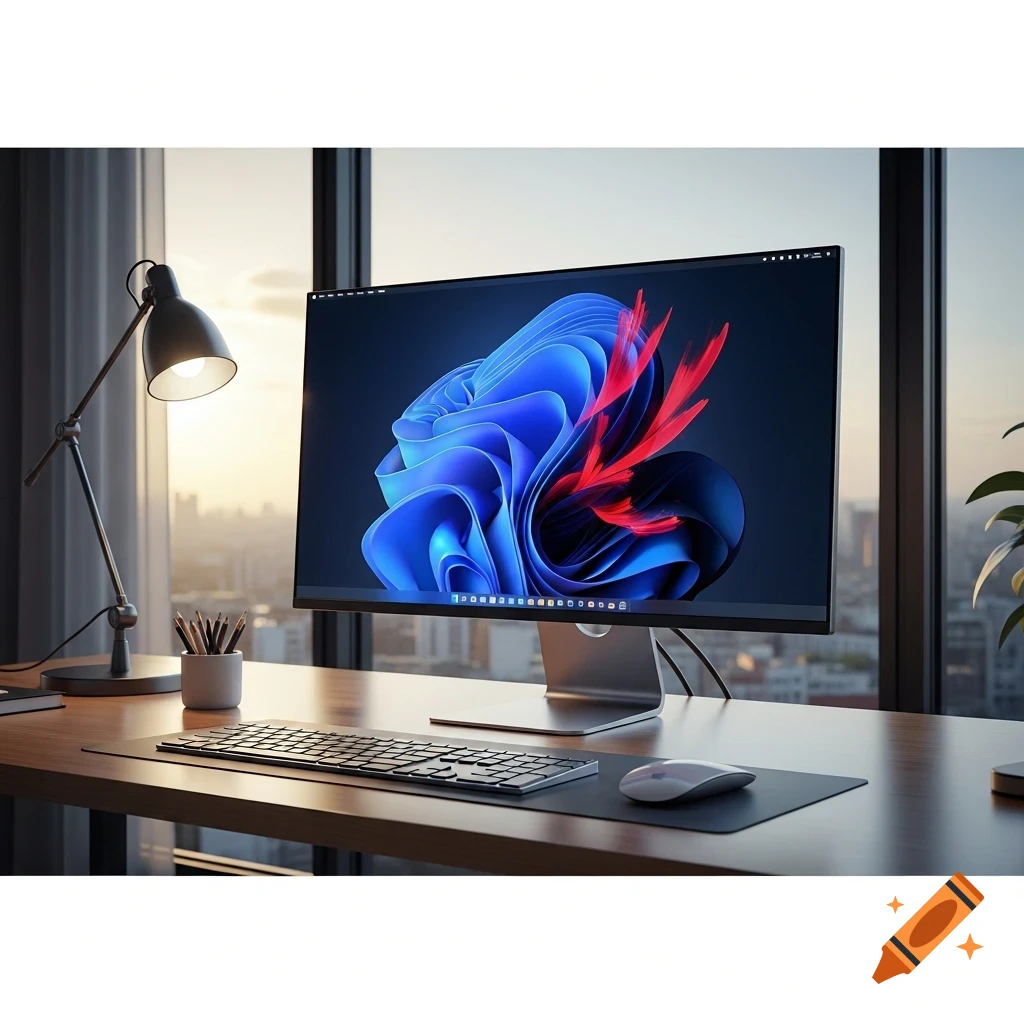 Modern desktop computer setup with a large monitor displaying abstract art, keyboard, mouse, and a lamp on a desk by a window with a city view at sunset.