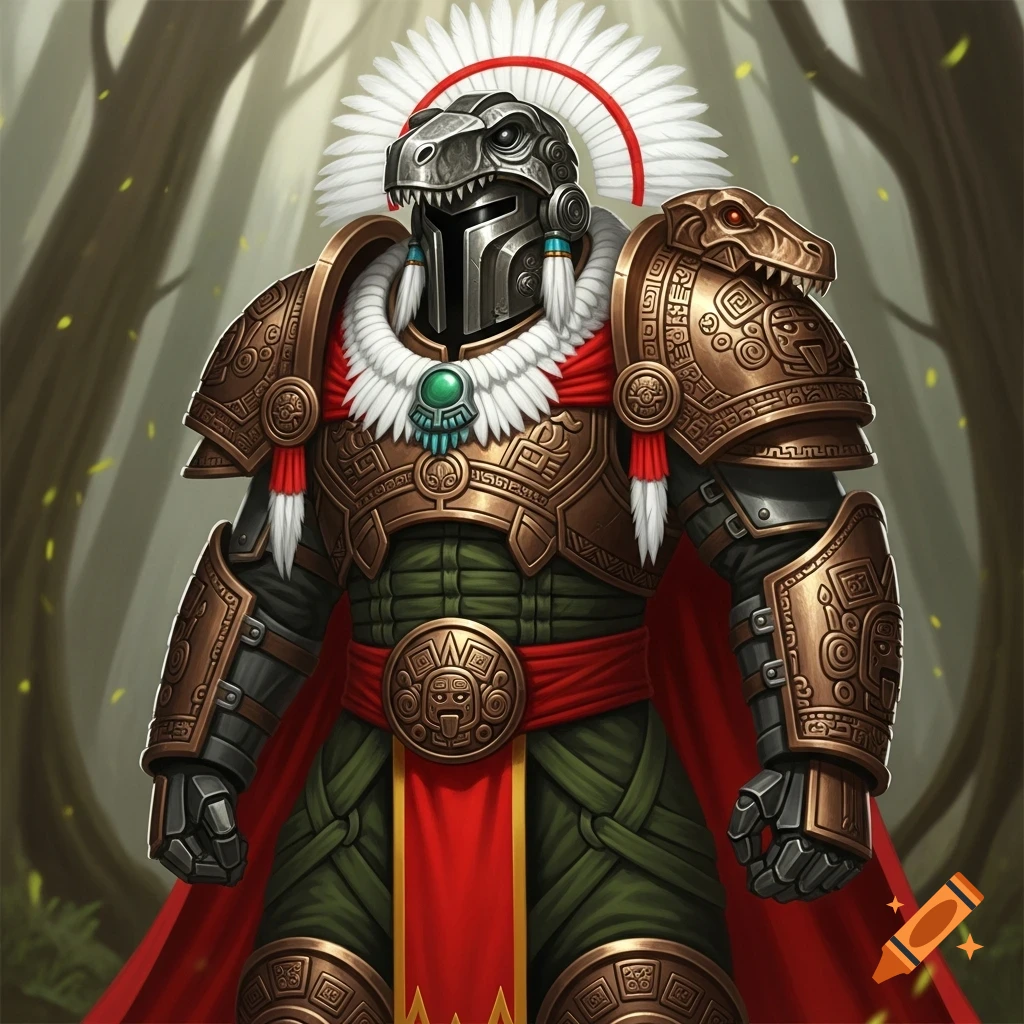 A warrior in detailed bronze Aztec-style power armor with a velociraptor helmet, green cloth, and a crimson cape, standing in a forest.