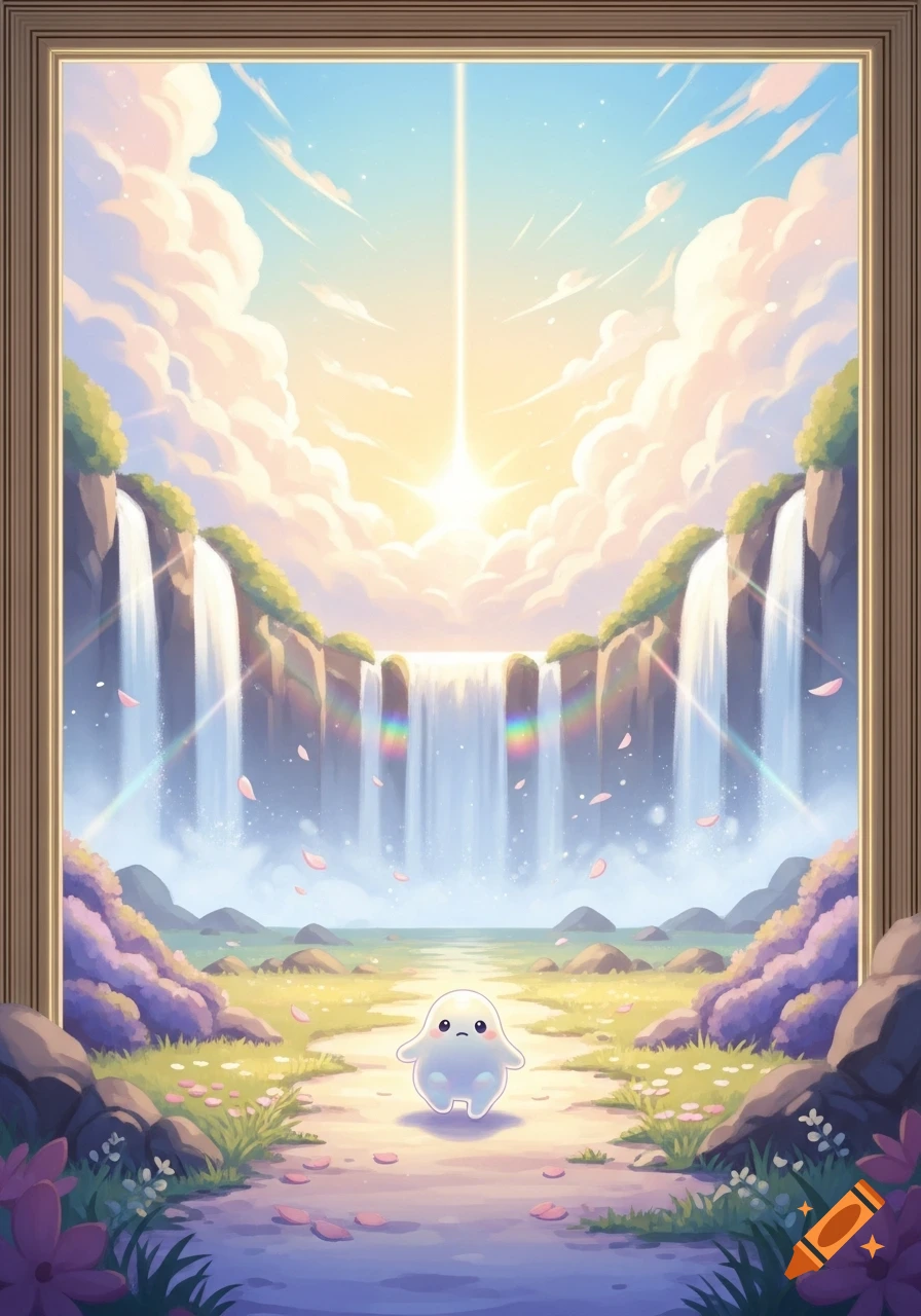 A cute white blob creature walks on a path in a dreamy landscape with multiple waterfalls, rainbows, and a bright, sunny sky.