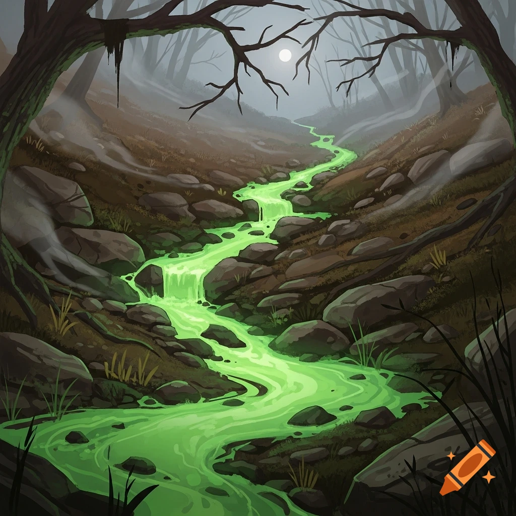 An illustrated eerie landscape with a glowing green sludge river flowing through a dark, misty forest under a full moon.