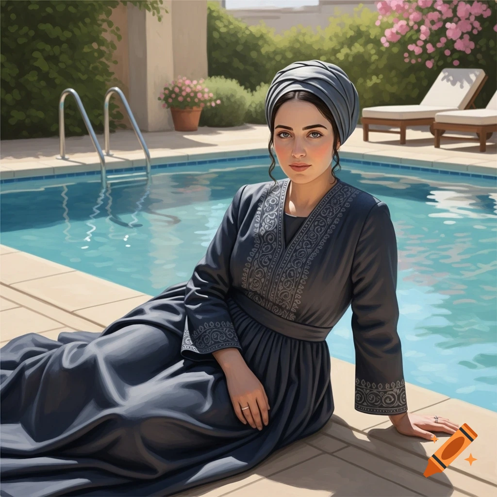 An illustrative portrait of a woman wearing a dark dress and a head covering, sitting by a swimming pool on a sunny day.