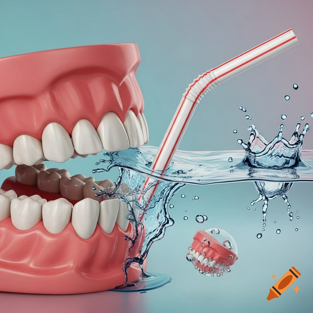 A large 3D render of a set of dentures with a red and white straw in a pool of splashing water, next to a smaller set of dentures floating.