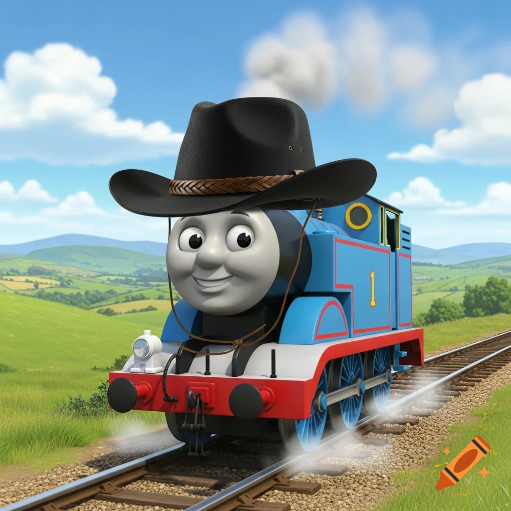 Thomas the Tank Engine wearing a black cowboy hat, smiling on a railway track in a green, hilly landscape.