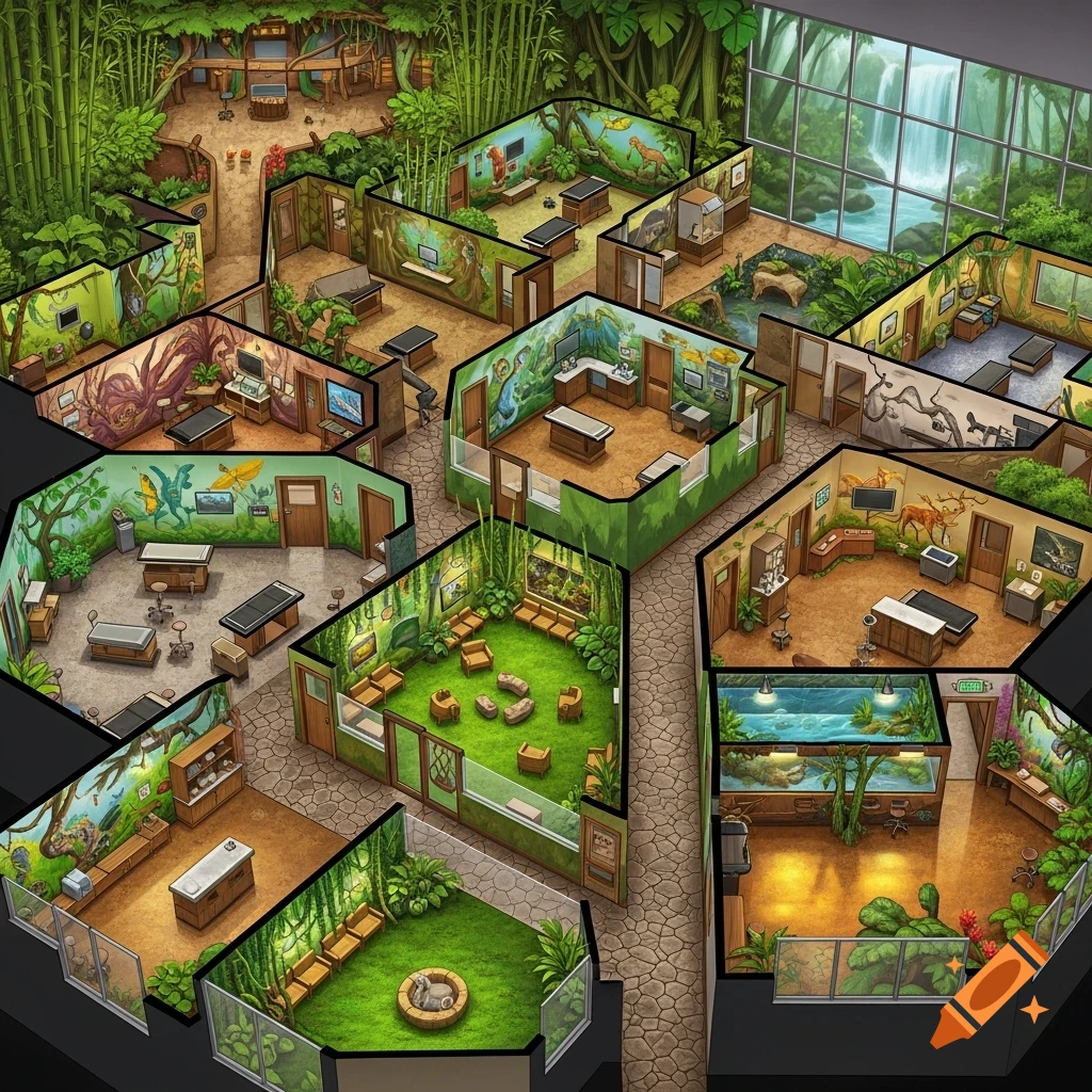 Detailed isometric layout of a multi-room exotic and regular pet vet clinic with a jungle and rainforest theme, featuring lush greenery and a waterfall.