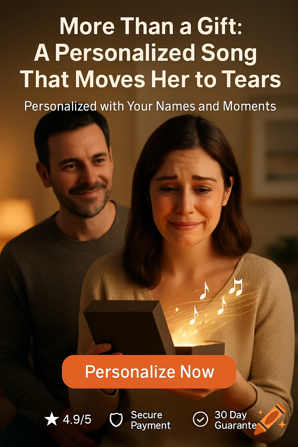 A man smiles at a tearful woman opening a gift box from which glowing musical notes emerge, with promotional text and trust badges.