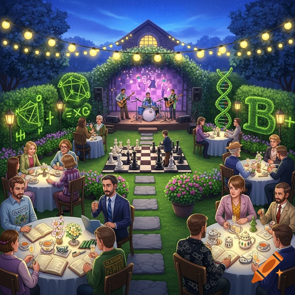 An illustrated garden party with people mingling, playing chess, listening to a band, and studying, surrounded by glowing scientific symbols in the bushes.
