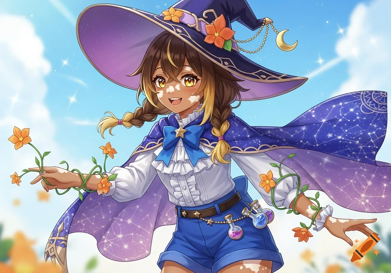 A happy anime witch girl with vitiligo, holding orange flowers, wearing a starry cape and purple hat, against a blue sky.