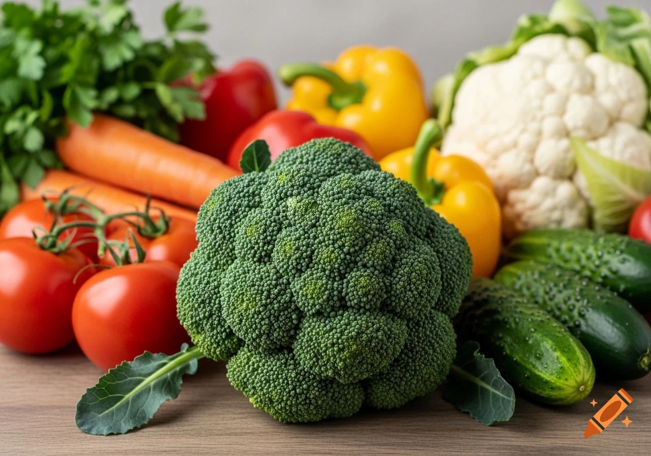A vibrant green broccoli head is the focal point among various fresh vegetables like tomatoes, carrots, bell peppers, and cucumbers on a wooden surface.