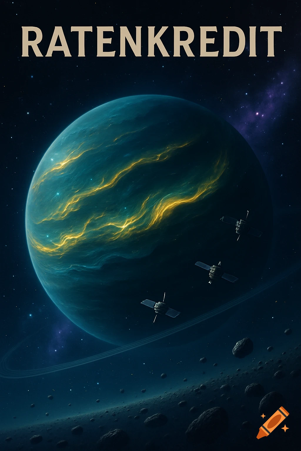 A blue-green planet with glowing patterns and rings, surrounded by asteroids and satellites in deep space, with "RATENKREDIT" at the top.