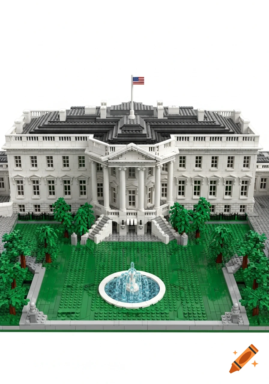 Lego model of the White House with an American flag, front lawn, trees, and a fountain, against a white background.