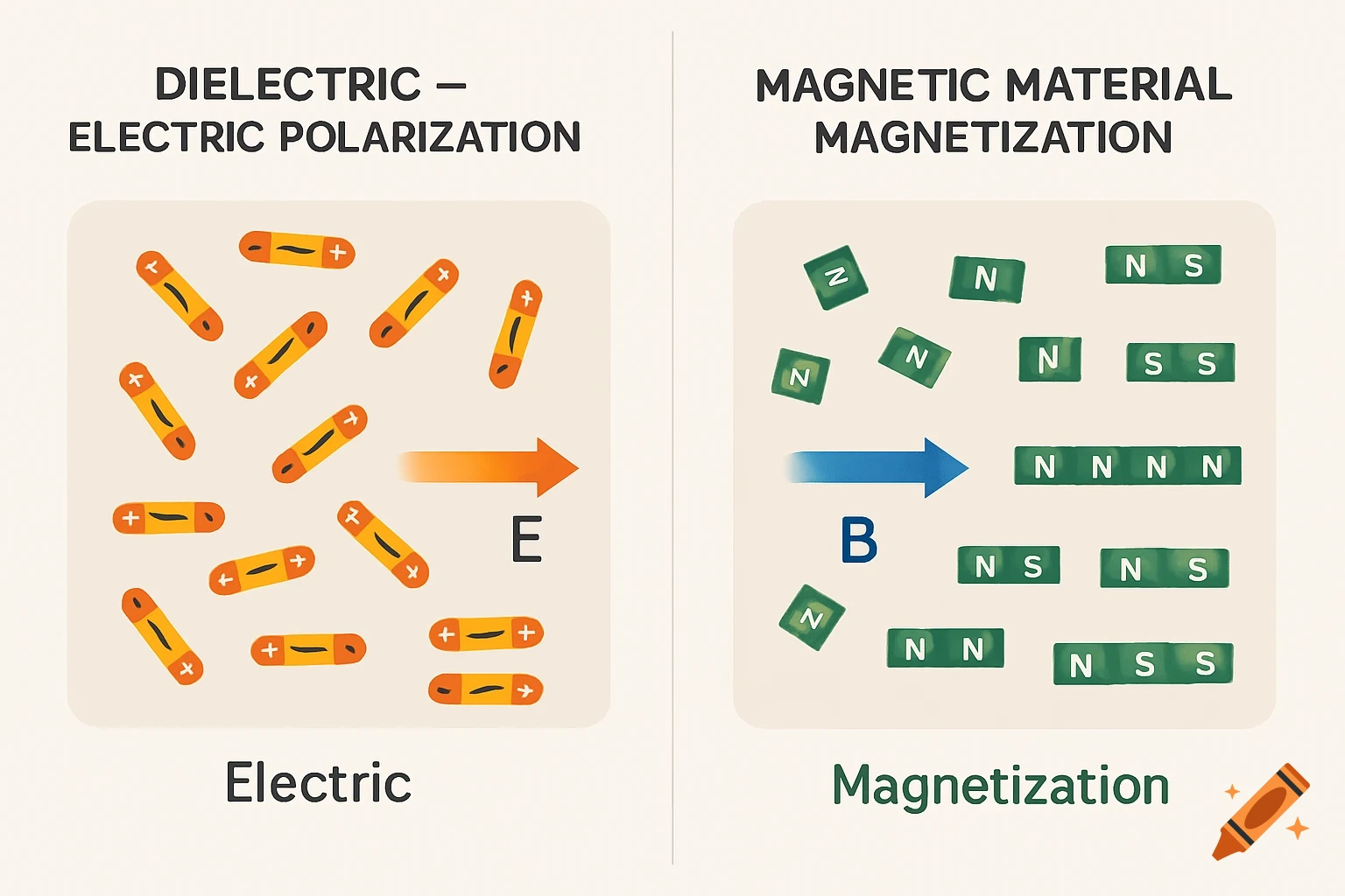 Scientific diagram comparing electric polarization in dielectric material with randomly oriented and aligned dipoles, and magnetic material magnetization.
