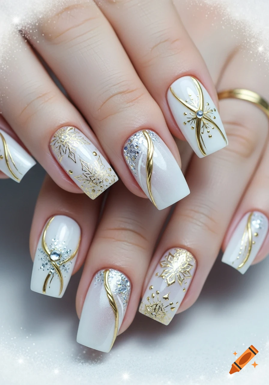 Close-up of a hand with elegant white, gold, and silver winter-themed nail art featuring snowflakes and glitter.