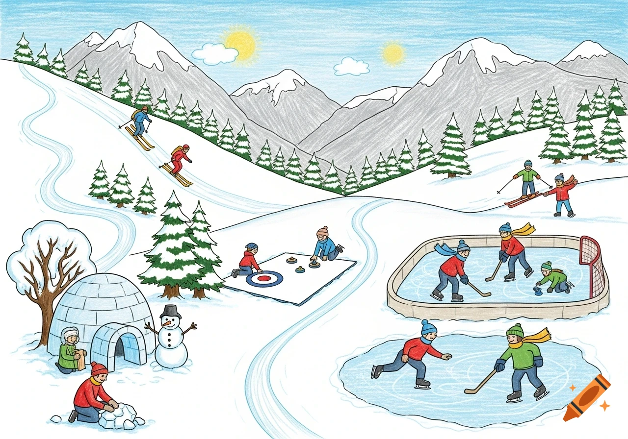 A colorful child's drawing: people ski, curl, ice skate, play hockey, and build an igloo and snowman in a snowy mountain landscape.