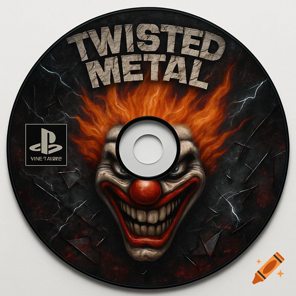 A Twisted Metal PSX CD label featuring a menacing clown with fiery orange hair, a red nose, and a wide grin, against a dark, cracked background with lightning.