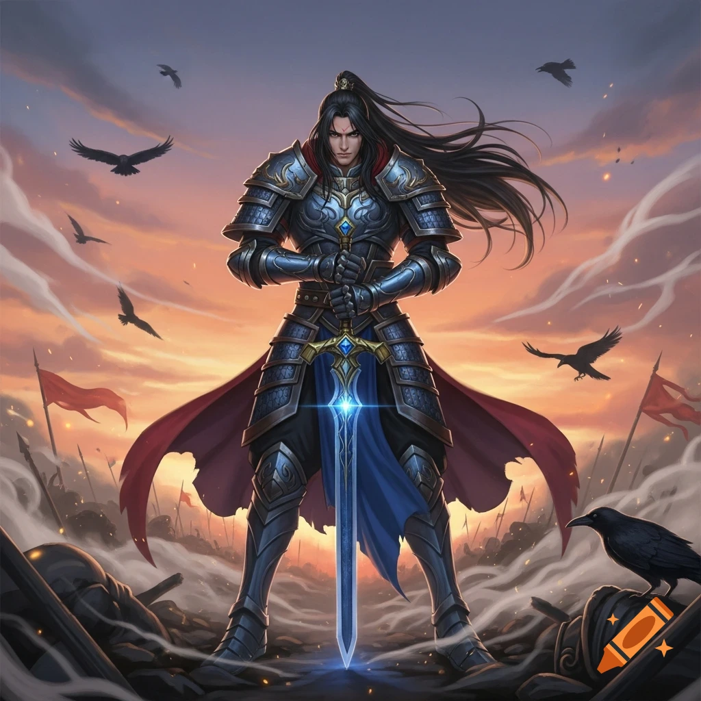 Manhwa art style warrior in ornate blue armor with a glowing sword on a battlefield at sunset, with crows flying.