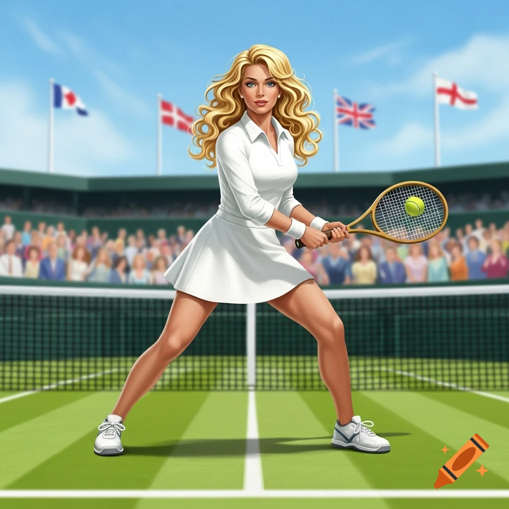 A blonde woman in a white tennis dress holds a racket on a green court, ready to hit the ball during a match.