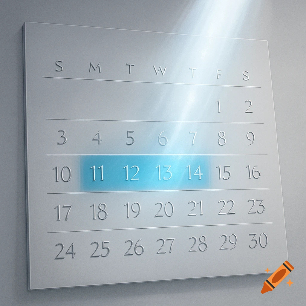 A white calendar shows days of the week and numbers 1-30, with dates 11-14 highlighted in a bright blue.
