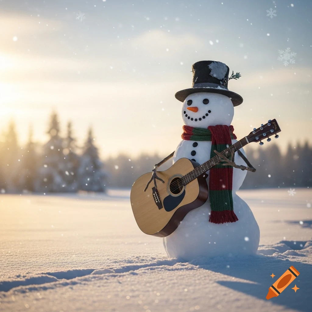 A snowman wearing a top hat and scarf plays an acoustic guitar in a snowy winter landscape at sunset.