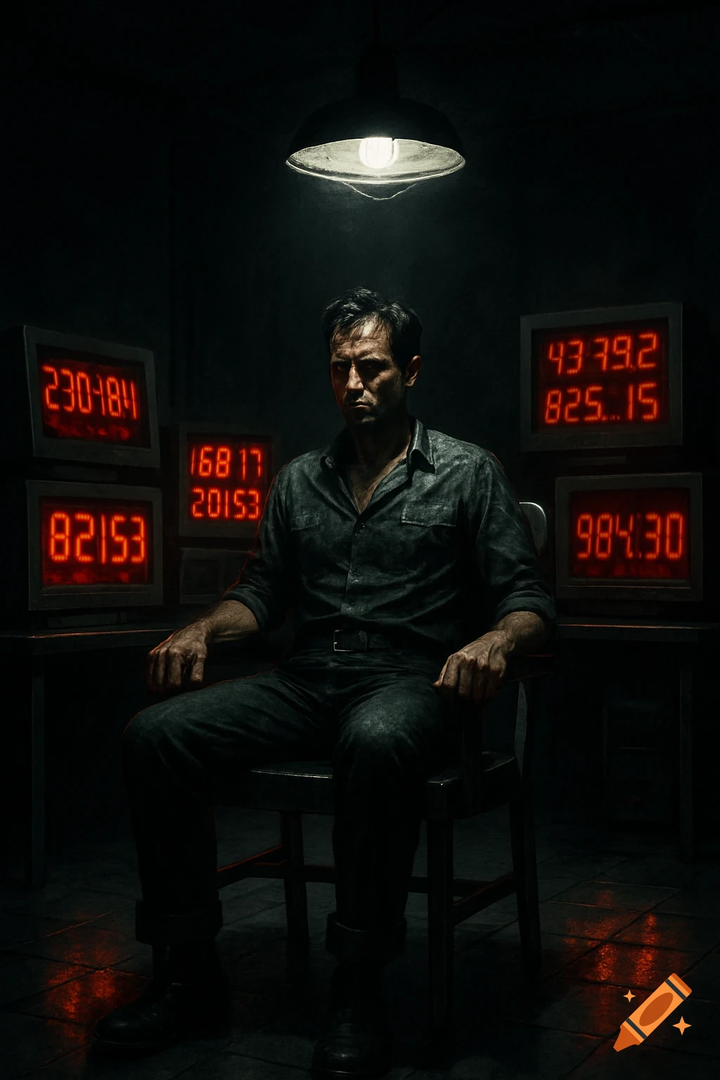 Man in a dark interrogation room, seated, surrounded by monitors displaying glowing red numbers.
