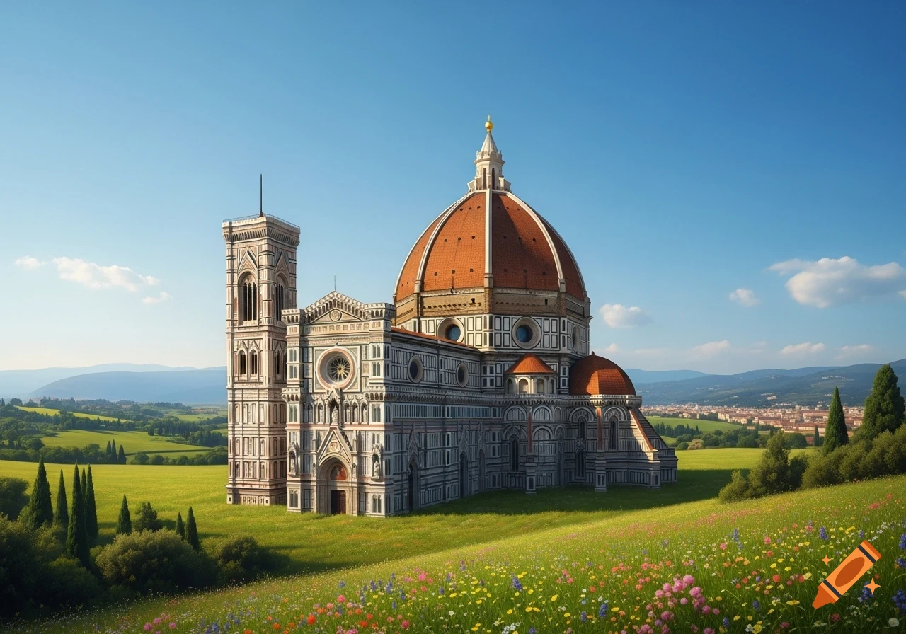 Photorealistic image of Florence Cathedral (Duomo di Firenze) with its iconic dome and bell tower, set in a vibrant green countryside under a clear blue sky.