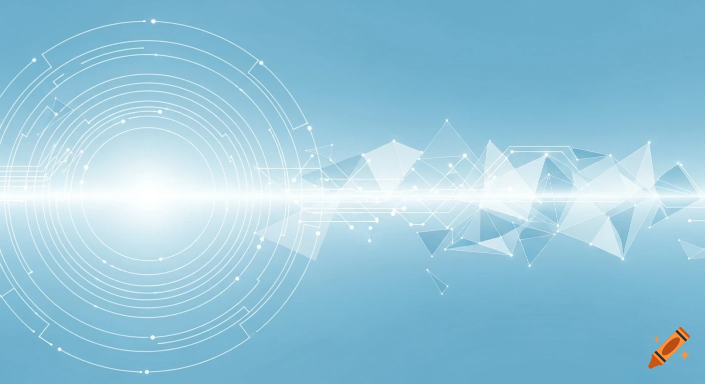 Minimalistic blue abstract background with white circuit board pattern, geometric polygons, and a bright light ray.