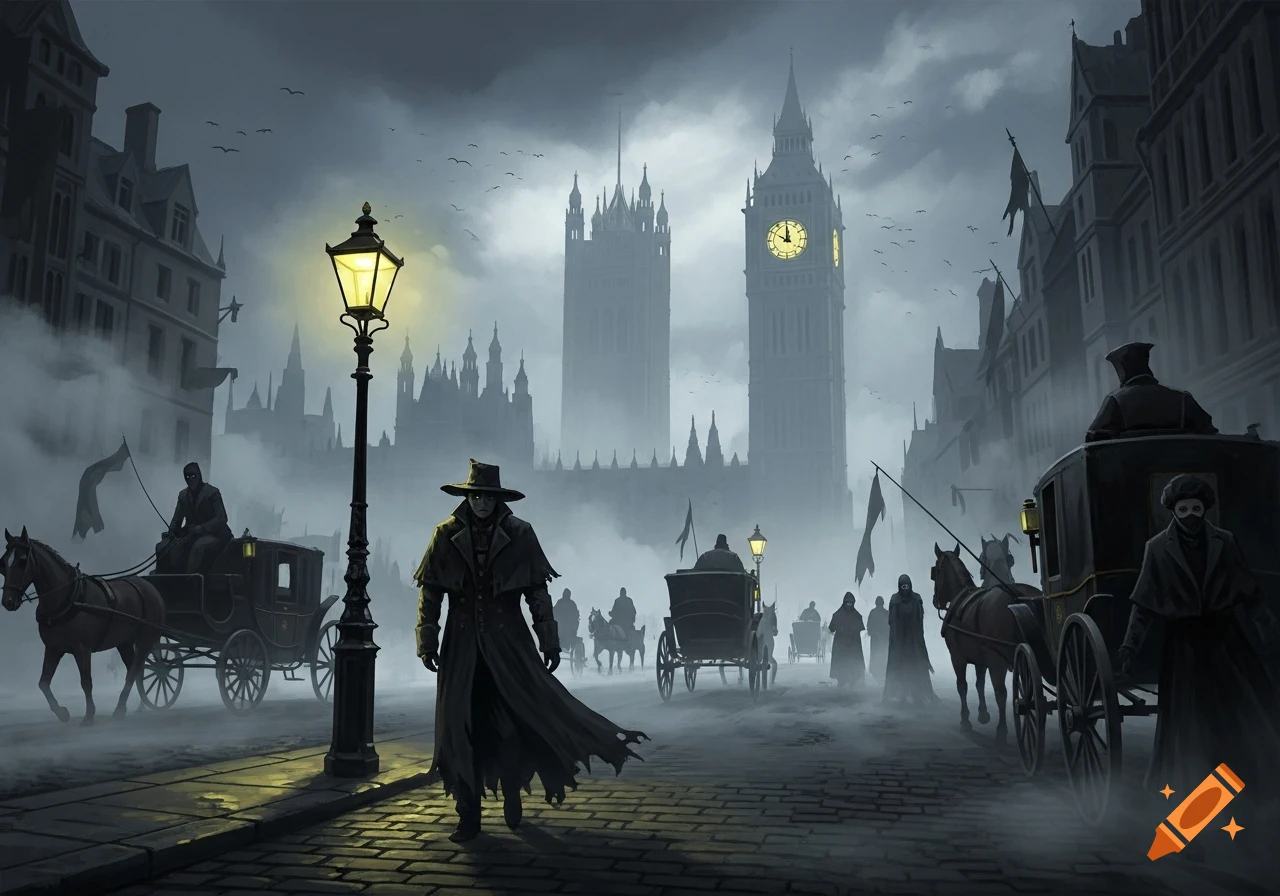 A dark, foggy Victorian London street with a figure in a long coat and wide-brimmed hat, horse-drawn carriages, and Big Ben in the background.