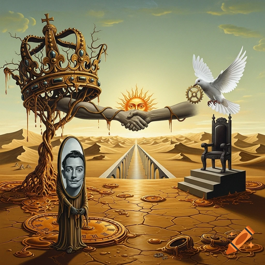 A surreal desert landscape in the style of Dali, featuring a crown, shaking hands, a sun with eyes, melting clocks, a mirror reflecting Dali, an empty throne, and a dove with a gear flying over a bridge.