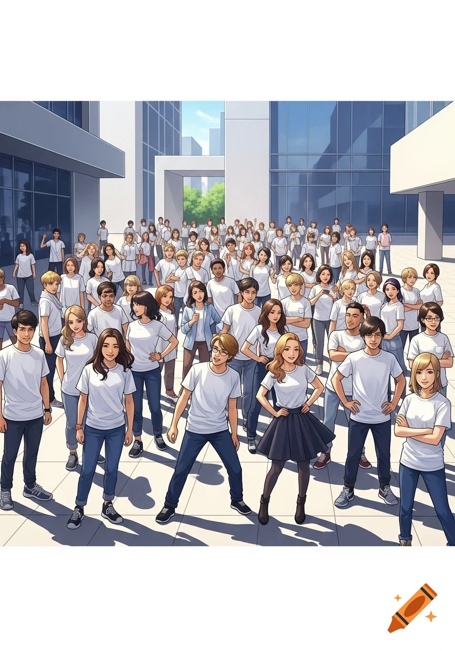 An anime-style illustration of a large group of diverse young people in white t-shirts standing in front of a modern building.