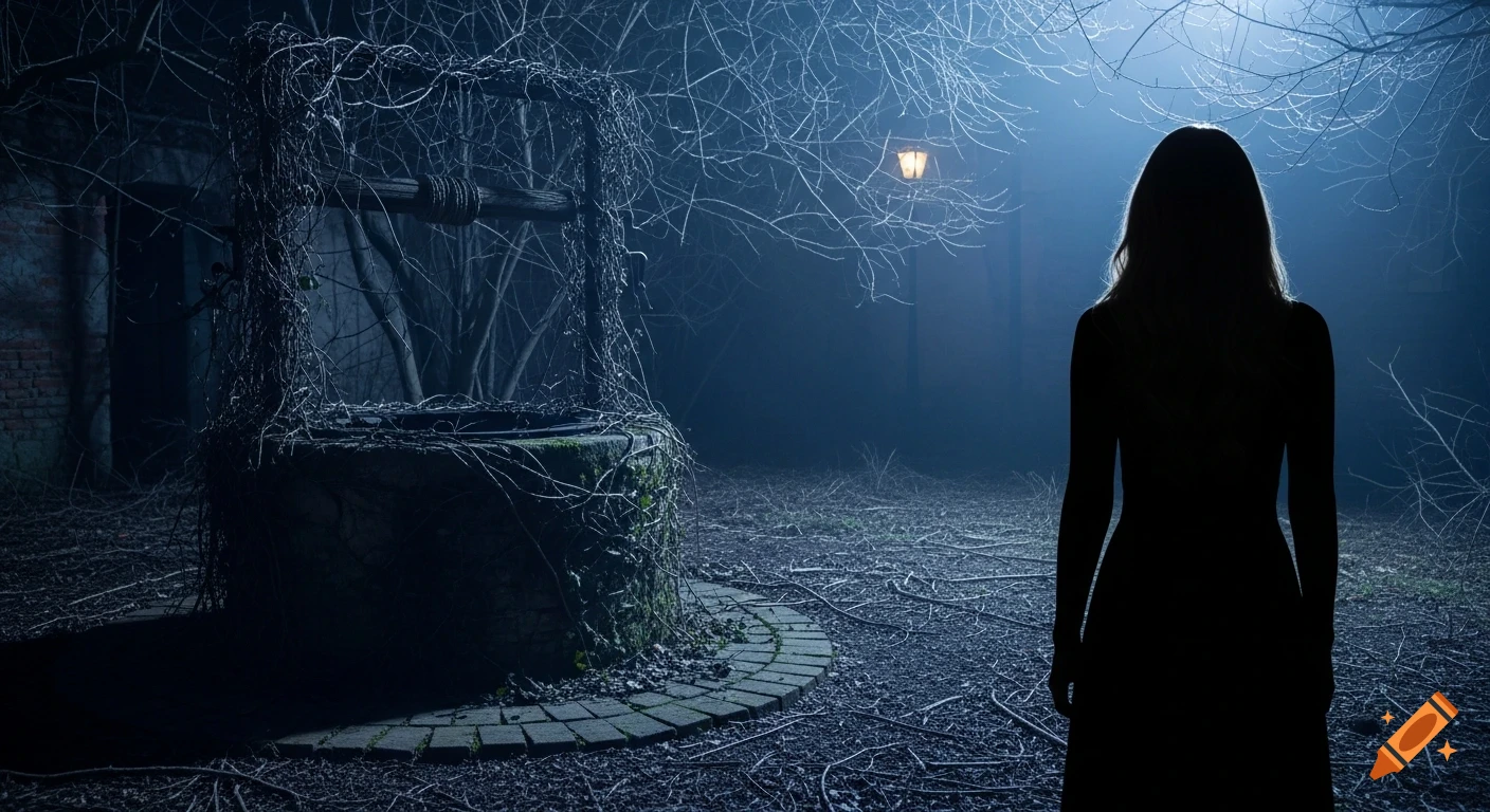 A woman's silhouette stands before a mossy, overgrown well in a dark, misty, cinematic horror scene at night.